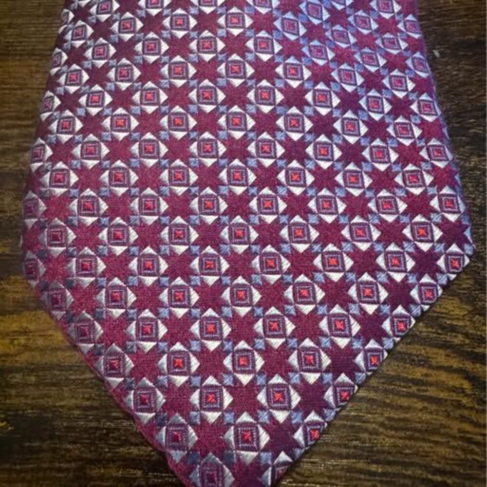 Canali Jacquard Silk Tie Burgundy Pink Silver Geometric Diamond Italian Luxury